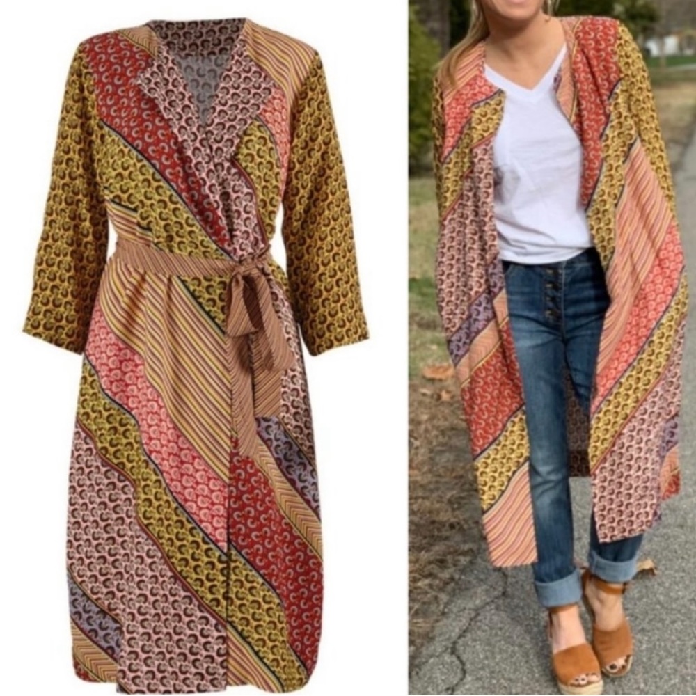 CAbi Poet Jacket #5664 Pockets a belt Tie boho Mixed Media Patchwork Robe Floral